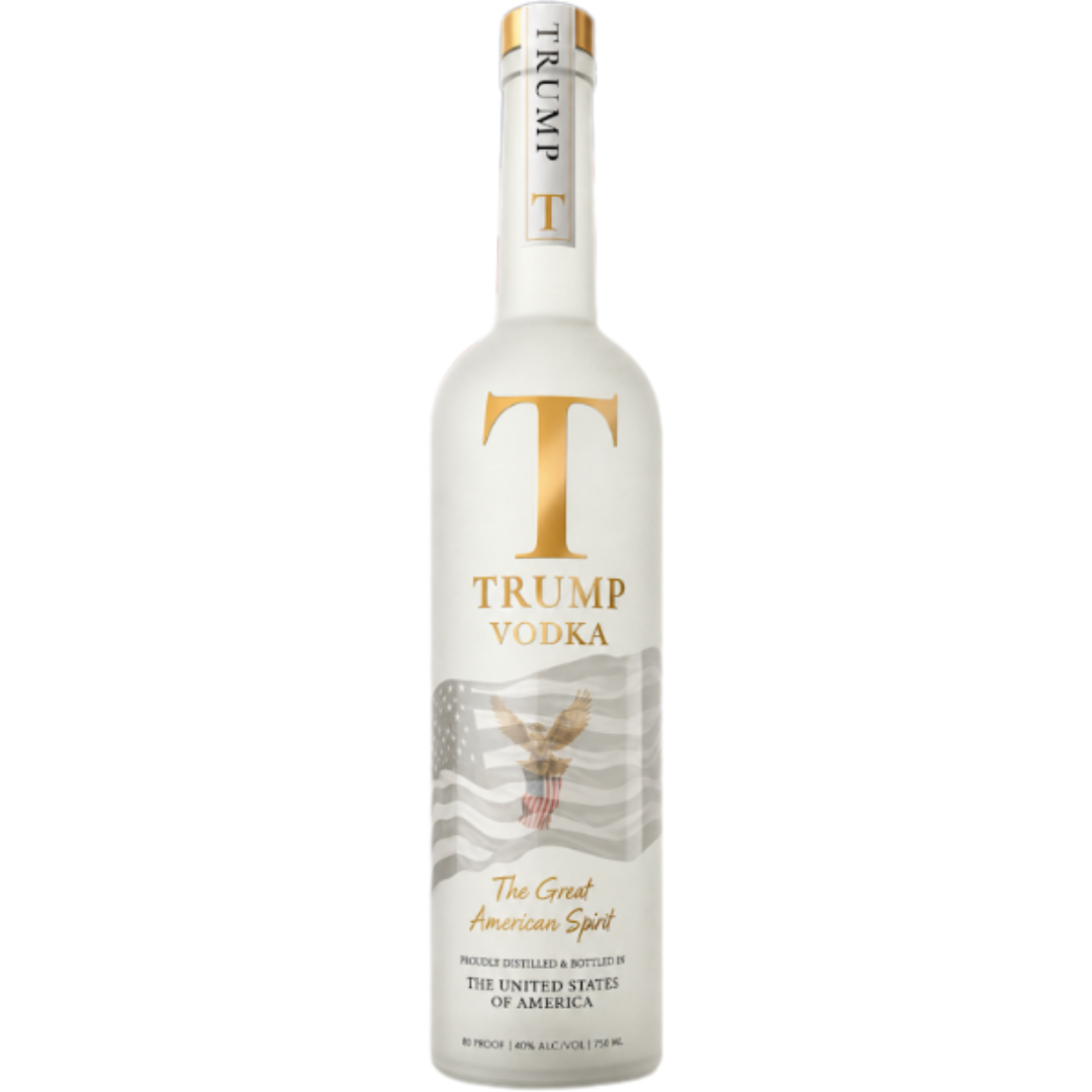 A white bottle of Trump Vodka 250th Anniversary Edition by Trump, featuring gold text, a large gold T, an eagle and US flag design. Labeled “The Great American Spirit” and produced in the USA.