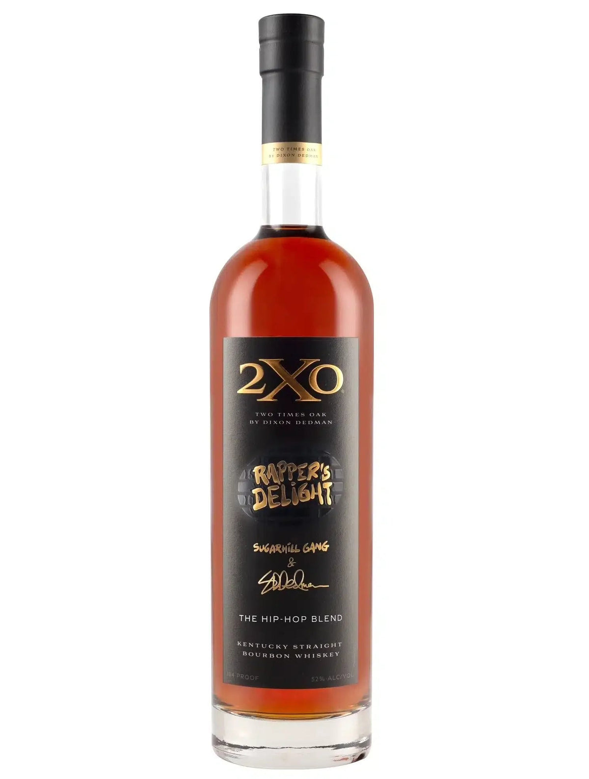 A 750ml bottle of 2XO The Hip-Hop Blend Kentucky Straight Bourbon Whiskey by 2XO Whiskey, featuring a black label with gold and white lettering and a black cap. This limited release celebrates the unique double-barreling process of 2XO, with the label highlighting Sugarhill Gang and The Hip-Hop Blend.