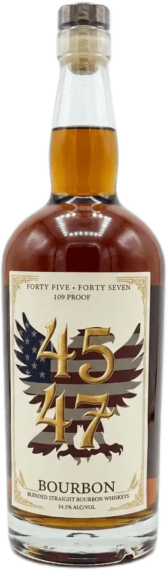 A bottle of The Nashville Distillery’s 4547 Blended Straight Bourbon Whiskey, proudly labeled as 109 Proof Bourbon with 54.5% alcohol by volume, features an eagle and American flag on the label. This American whiskey stands out as a true representation of craftsmanship—4547 Blended Straight Bourbon Whiskey at its finest.