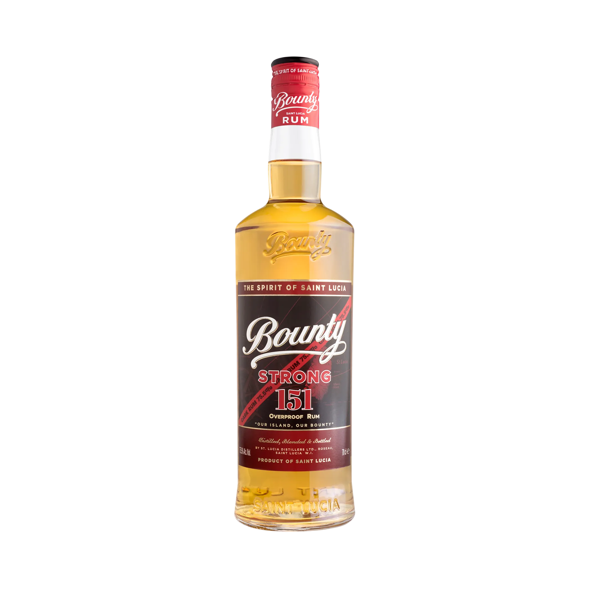 A 1000ml bottle of Bounty Rum’s Saint Lucia Strong 151 Overproof, featuring a red and black label, gold cap, and “The Spirit of Saint Lucia” on the neck, displayed against a plain white background.