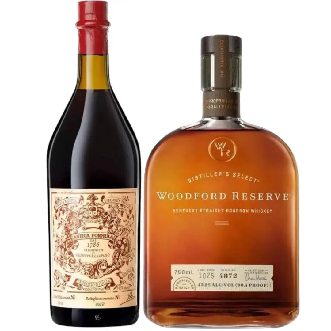 The Ultimate Manhattan Bundle from Main Street Liquor pairs Woodford Reserve Bourbon with Carpano Antica Formula Vermouth—everything you need for the perfect cocktail.