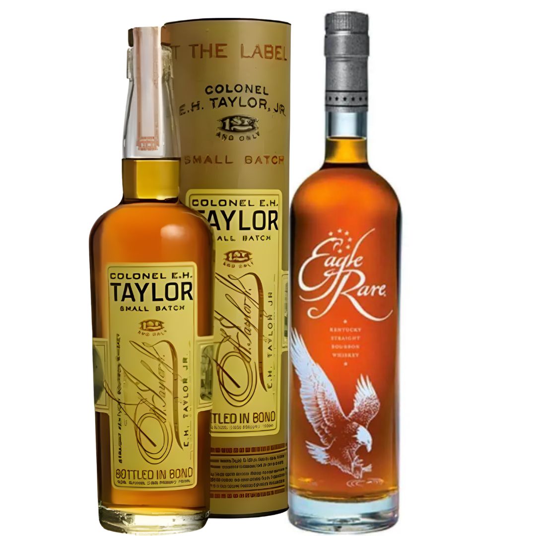 Two bottles—the Rare Taylor Bundle: Colonel E.H. Taylor, Jr. Small Batch & Eagle Rare Bourbon 700mL—stand together, both crafted by Buffalo Trace.