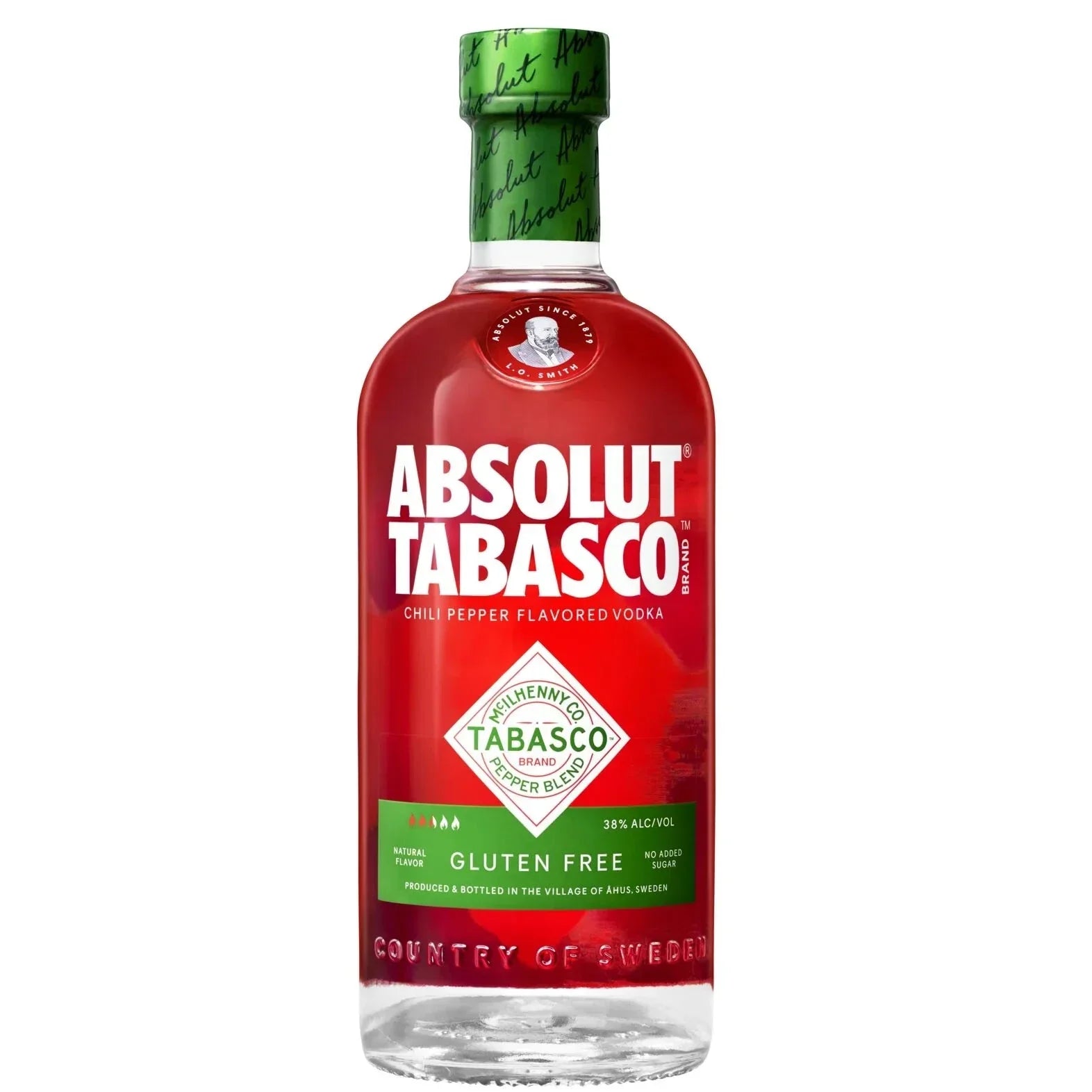 A bottle of Absolut Vodka’s Absolut Tabasco Chili Pepper Flavored Vodka, featuring a red label and green cap reminiscent of Tabasco sauce, is perfect for adding heat to your favorite spicy cocktails.