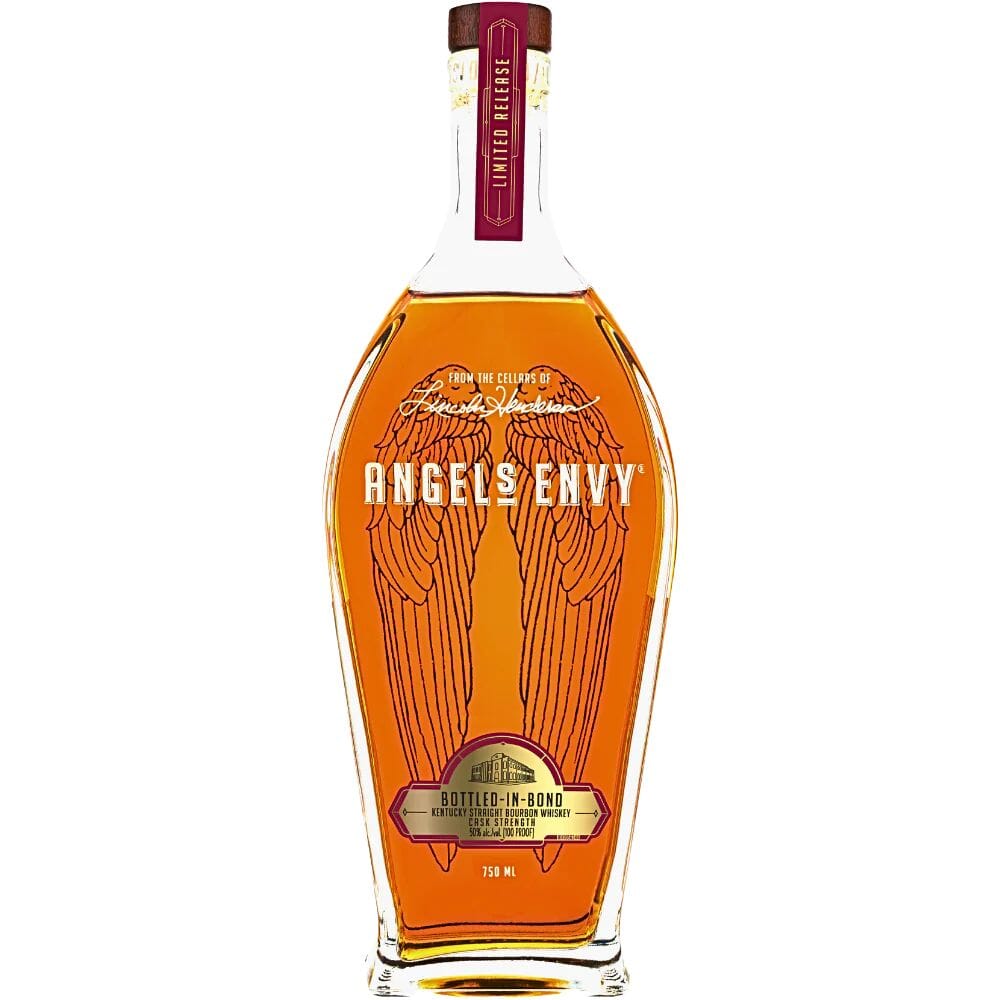 Angel's Envy Bottled-In-Bond Cask Strength 750ml bourbon whiskey bottle with angel wings design