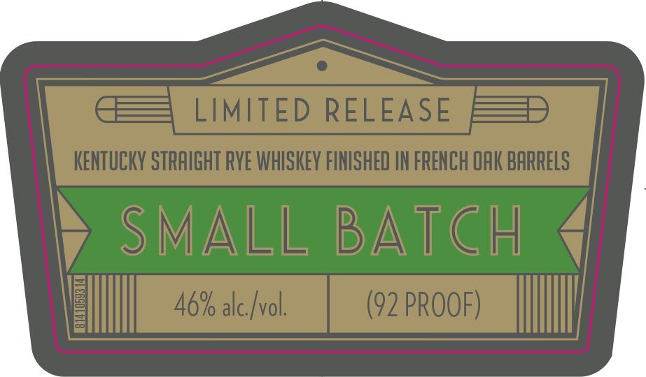 The Angel's Envy Unique & Rare Rye Whiskey Finished In French Oak Barrels label features brown and green colors with striking geometric accents. It’s a small batch Kentucky Straight Rye, 46% alc./vol. (92 proof), limited release by Angel's Envy.