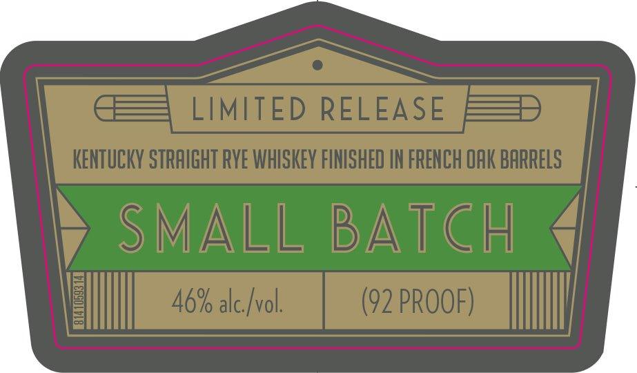The Angel's Envy Unique & Rare Rye Whiskey Finished In French Oak Barrels label features brown and green colors with striking geometric accents. It’s a small batch Kentucky Straight Rye, 46% alc./vol. (92 proof), limited release by Angel's Envy.