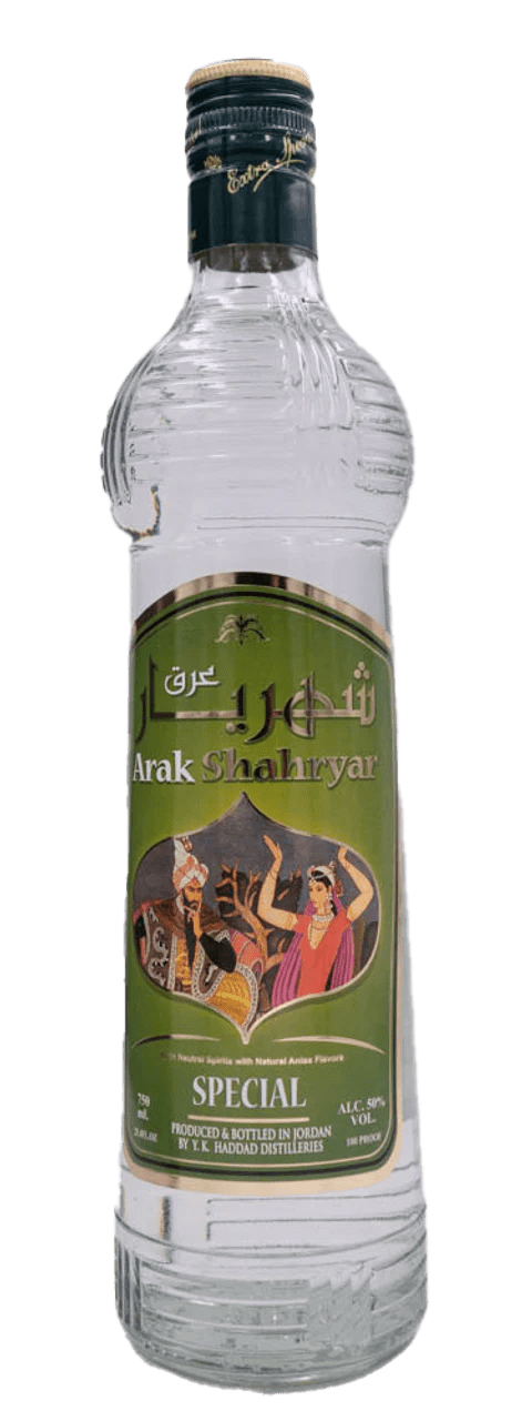 A clear 750 ml bottle of Arak Shahryar Special, a traditional anise-flavored spirit from Arak Shahryar, features a green label with Arabic and English text and an illustration of two people in traditional attire. 46% alcohol by volume.