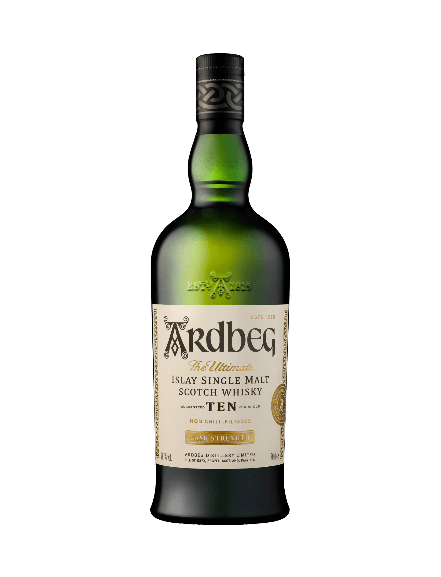 A green bottle of Ardbeg Ten Years Old Cask Strength Committee Release Islay Single Malt Scotch Whisky with a cream label, black cap, and gold seal is displayed against a white background, highlighting product details on the front.