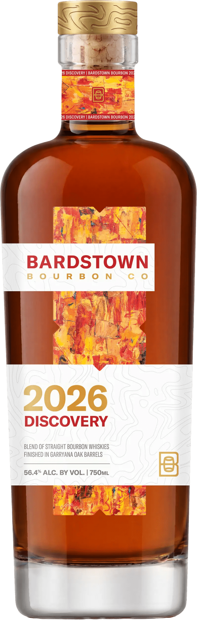 A 750ml bottle of Bardstown Bourbon Company 2026 Discovery Garryana Oak Finish, adorned with a vibrant abstract label highlighted by orange accents. Expertly crafted by Bardstown Bourbon Company, this limited release may showcase subtle nuances from Garryana oak barrels and is bottled at 56.4% ABV.