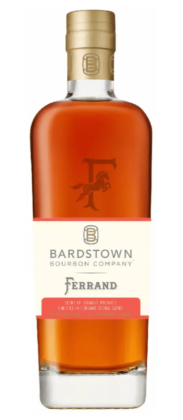 A bottle of Bardstown Bourbon Company Ferrand II Collaboration whiskey, with a tan cap, clear glass, amber liquid, and a cream label with gold and red text. The Bardstown Bourbon Company horse logo is etched on the bottle.