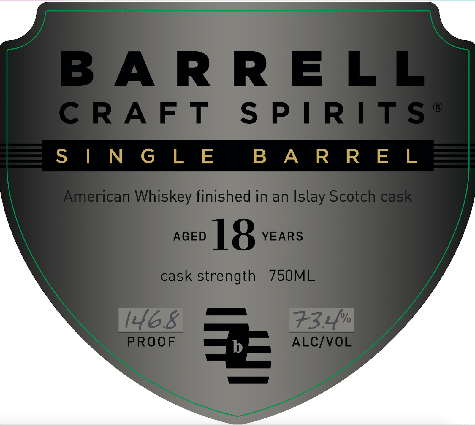 A shield-shaped label for barrell Barrell Craft Spirits 18 Year Old Single Barrel Cask Strength Islay Scotch Cask Finish, aged 18 years, 750ml, 146.8 proof (73.4% ABV).