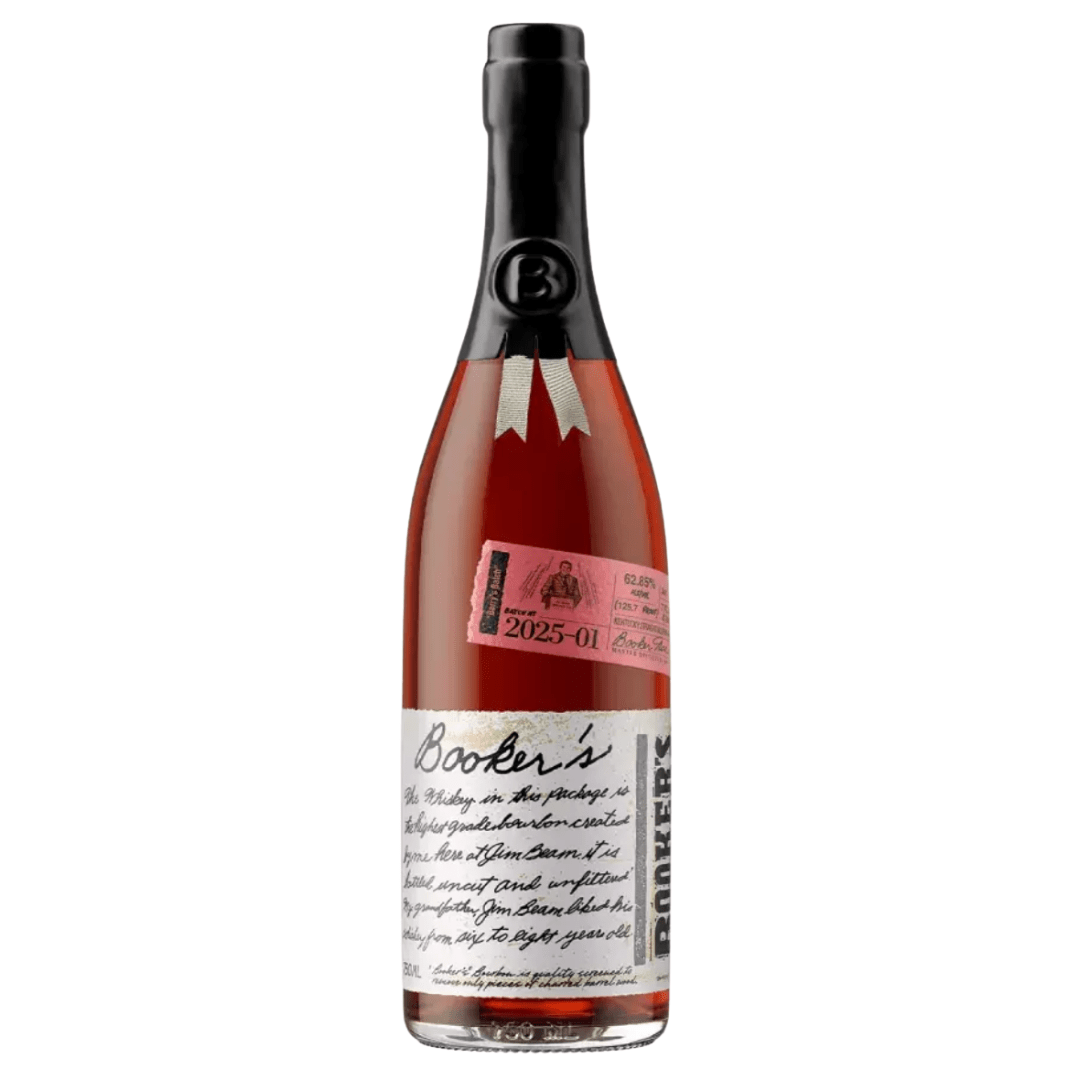 A bottle of Booker's Kentucky Straight Bourbon Whiskey Barry's Batch 2025-01 features an uncut, unfiltered bourbon with a black wax seal, handwritten-style white label, and a pink neck label marked “Barry's Batch 2025-01.”.