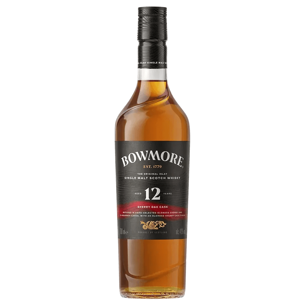Bowmore 12 Year Sherry Oak Single Malt Scotch Whisky bottle, 700mL, showcasing rich amber color and distinctive label.
