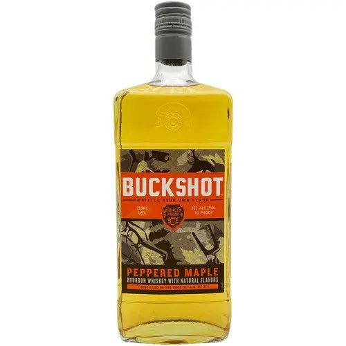 A bottle of BuckShot Peppered Maple Bourbon Whiskey from Buckshot, featuring a yellow label with a camouflage design, bold red and white lettering, and a black cap. This distinctive bourbon whiskey offers the perfect fusion of sweet maple and bold peppered flavors for an unforgettable drinking experience.