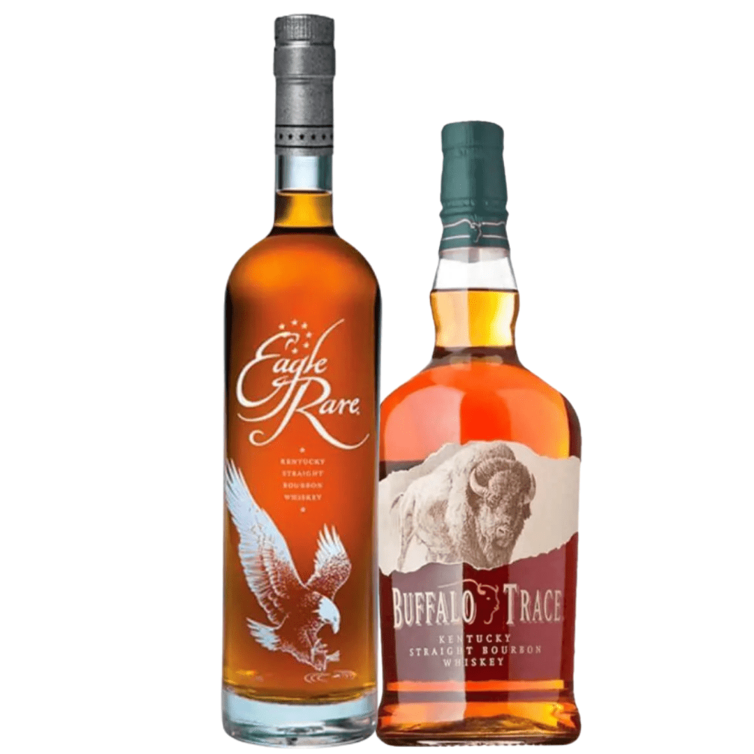The Buffalo Rare Bundle by Buffalo Trace includes a 700mL bottle of Eagle Rare bourbon with an eagle image and a 700mL bottle of Buffalo Trace bourbon featuring a buffalo, both filled with rich amber liquid.