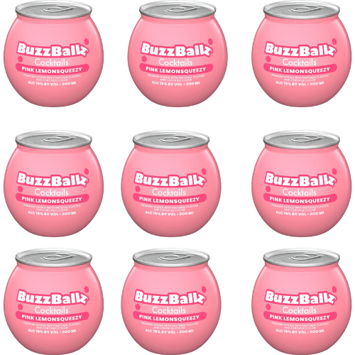 Nine pink, round Buzzballz Pink LemonSqueezy Cocktails cans are arranged in a grid pattern on a white background.