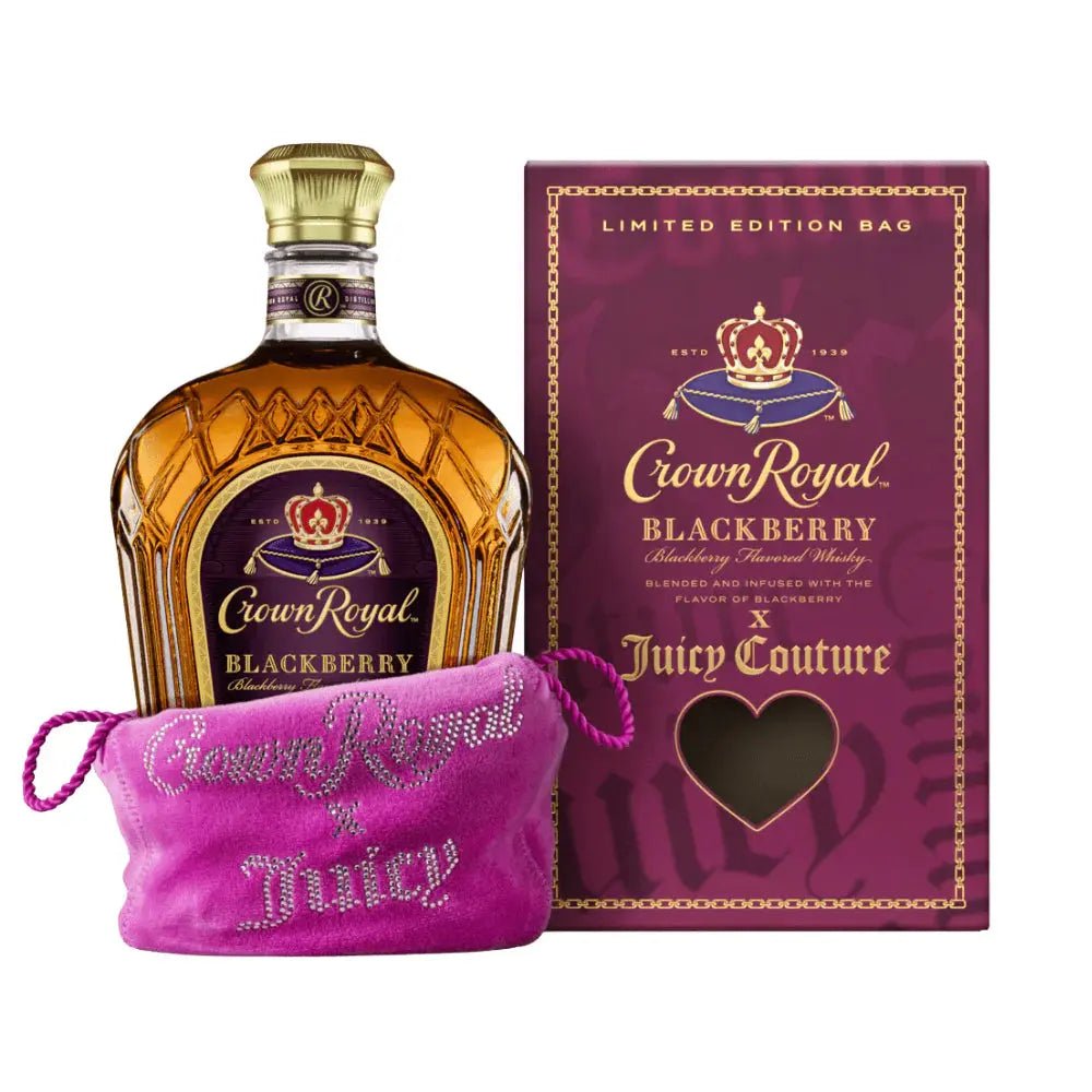 Crown Royal Blackberry x Juicy Couture Limited Edition collectible whisky bottle with a purple and pink Juicy Couture bag, displayed next to its limited edition purple box, which features a heart-shaped window and gold and pink accents.