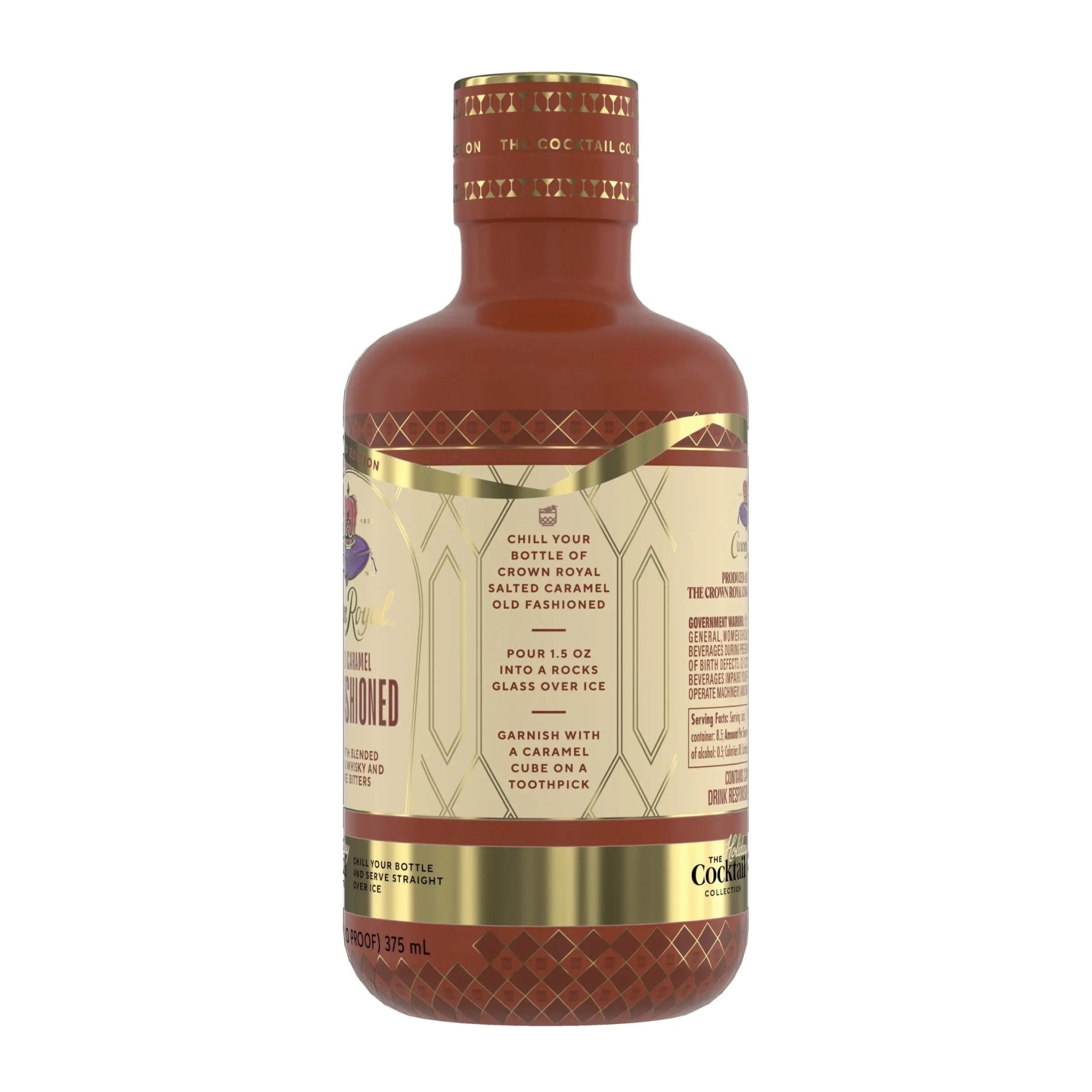 A 375 mL bottle of Crown Royal Salted Caramel Old Fashioned Limited Edition (Pre-Order), a ready-to-serve Canadian whisky cocktail from Crown Royal, presented in gold and brown packaging. This limited edition release includes recipe instructions and serving suggestions on the label.