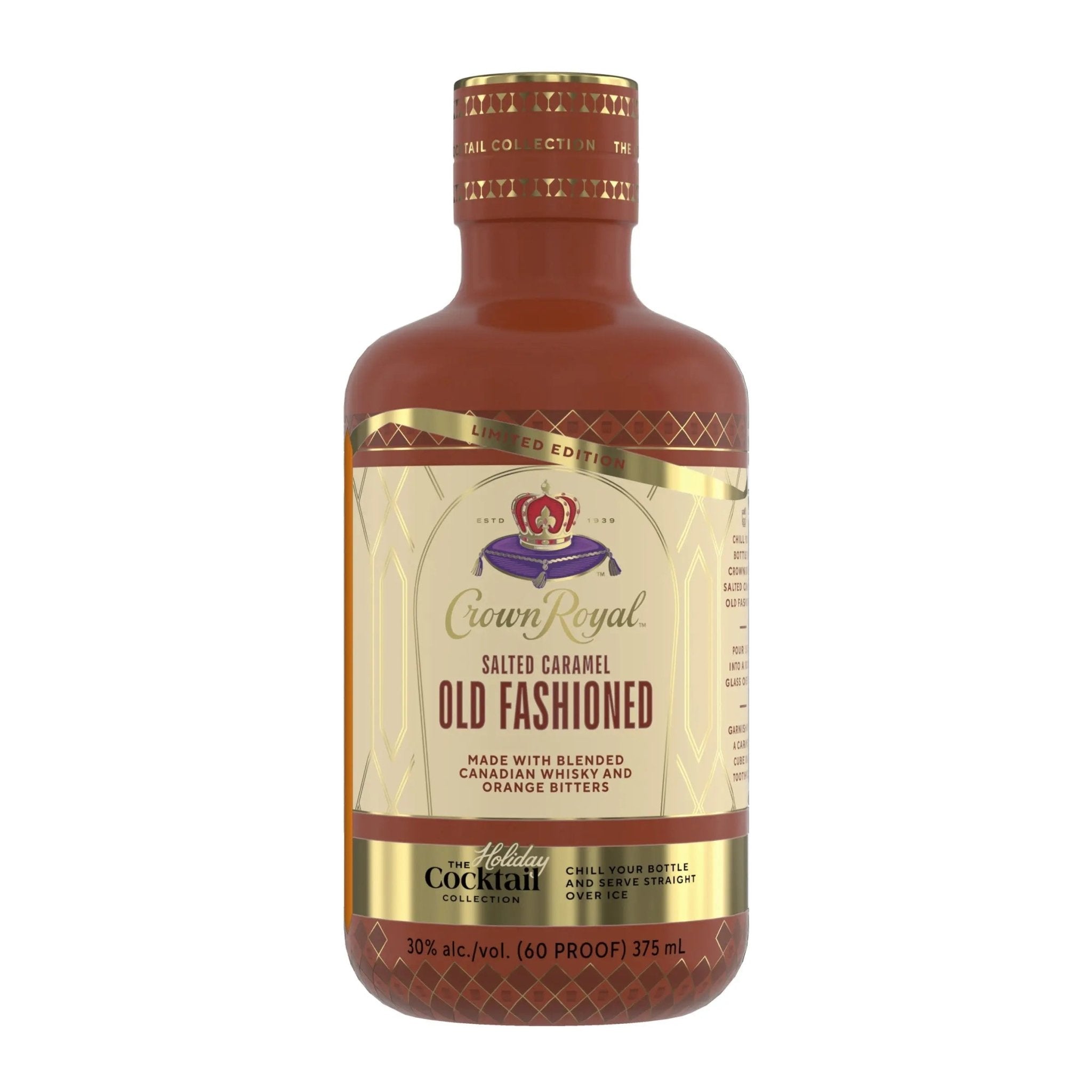 A 375ml bottle of Crown Royal Salted Caramel Old Fashioned Limited Edition (Pre-Order), a ready-to-serve Canadian whisky cocktail from Crown Royal, features a gold label accented with purple and red. The packaging highlights its unique blend of Canadian whisky and orange bitters. This limited edition offering delivers a deliciously smooth twist on the classic Old Fashioned.