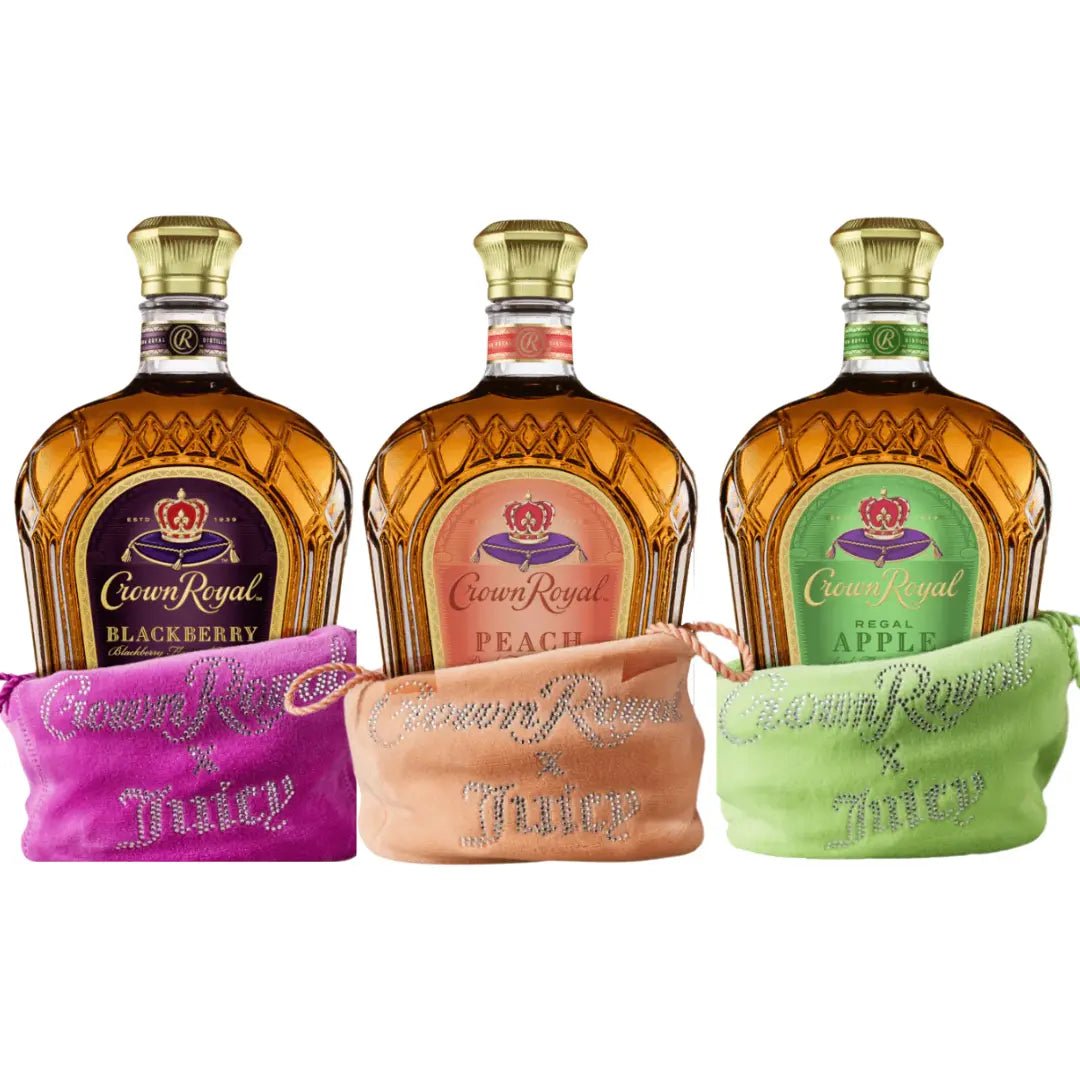 The Crown Royal x Juicy Couture Limited Edition Flavored Whisky 3-Bottle Bundle showcases three Crown Royal whiskies—Blackberry, Peach, and Regal Apple—each paired with a coordinating colored bag (purple, peach, or green) adorned with “Juicy” in sparkling rhinestone-style lettering. Inspired by the vibrant Juicy Couture collaboration, this special bundle highlights flavorful expressions from the Crown Royal brand.