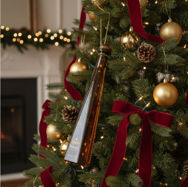 A Christmas tree adorned with red ribbons, gold ornaments, pinecones, and Don Julio 1942 Tequila Añejo 50ml Ornament 10-Pack glows by the fireplace—an elegant holiday touch from Don Julio Tequila for festive gifting.