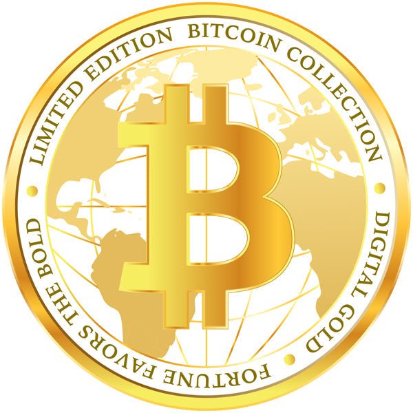 A gold coin featuring a large Bitcoin symbol over a world map. The outer ring reads GOLD BAR SATOSHI RESERVE STRAIGHT RYE WHISKEY LIMITED EDITION SINGLE BARREL in capital letters.
