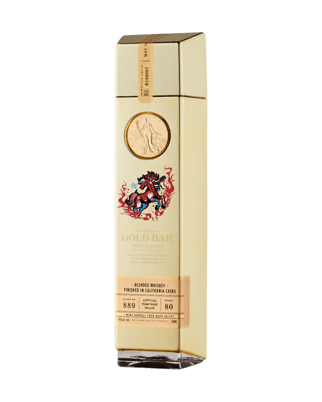 A tall, gold-colored bottle of Gold Bar Whiskey Year of the Horse 2026 Limited Edition features a raised gold coin, a decorative horse illustration, and a label noting it is American blended whiskey finished in California casks.