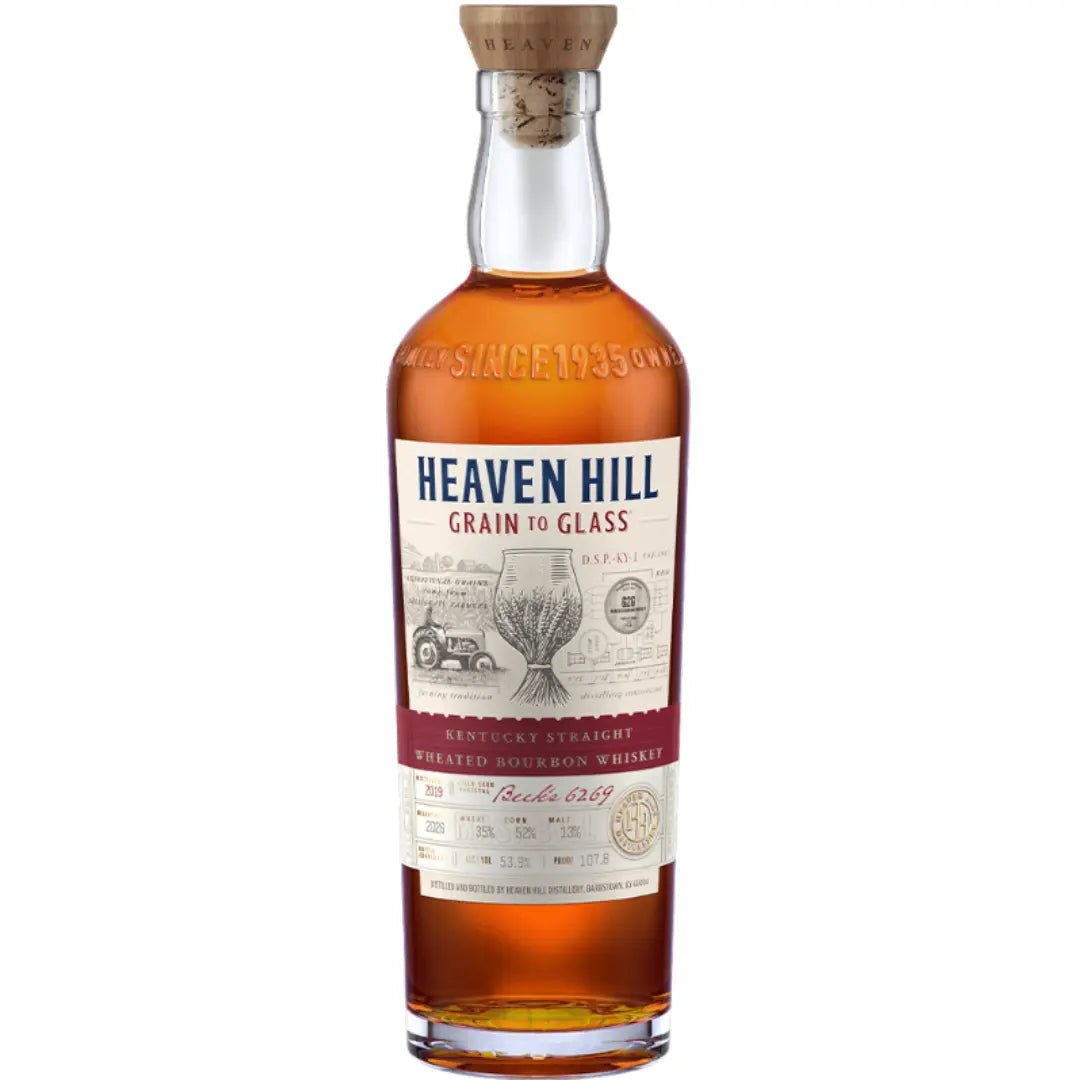 A bottle of Heaven Hill Grain to Glass 2026 Release Kentucky Straight Wheated Bourbon Whiskey from Heaven Hill Distillery, featuring a wooden cork and detailed label—an ideal choice for collectors seeking a Limited Edition Bourbon crafted with care.