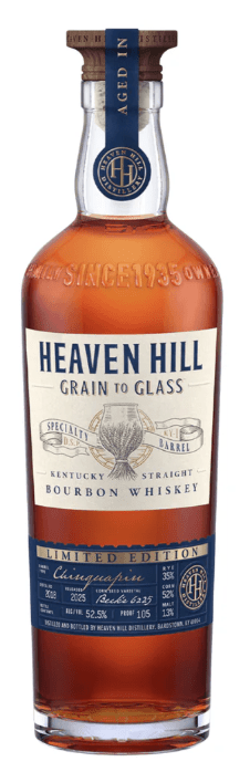 A bottle of Heaven Hill Distillery's Grain to Glass Bourbon Whiskey Chinquapin Oak, Limited Edition, comes with a wooden cork and a blue, cream, and gold-accented label.