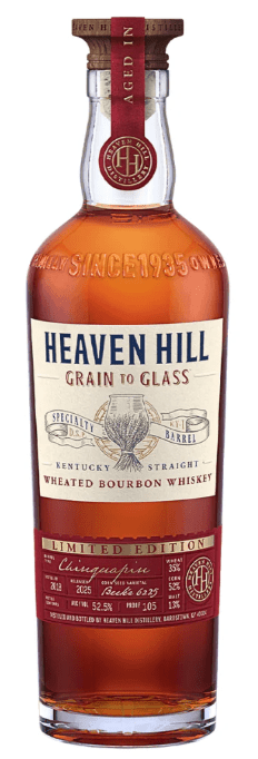 A tall bottle of Heaven Hill Grain to Glass Wheated Bourbon Whiskey Chinquapin Oak from Heaven Hill Distillery features a clear label, red capsule, gold accents, and is a limited edition aged in Chinquapin oak barrels for unique character.