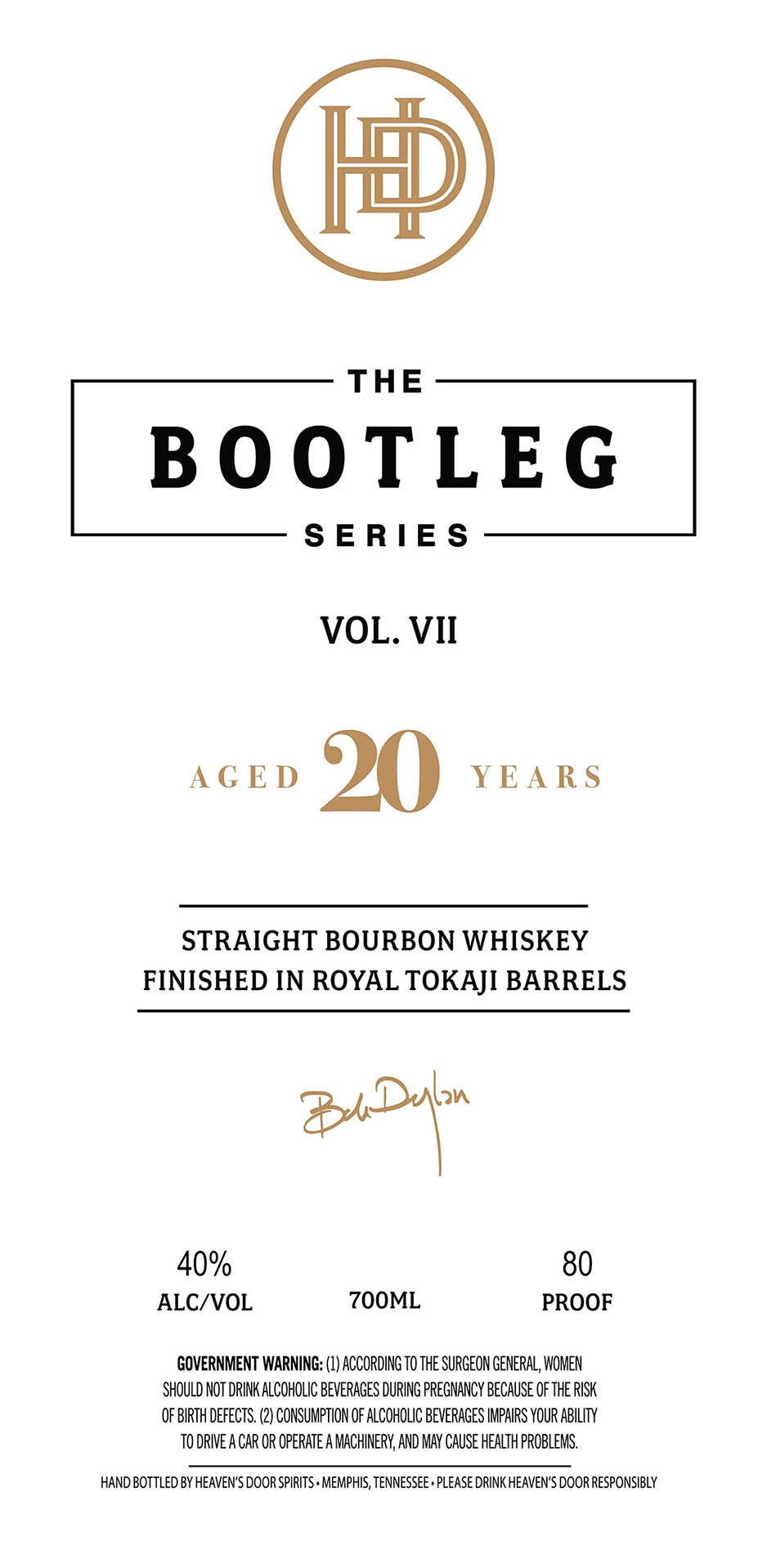 Label for Heaven's Door Whiskey The Bootleg Series Vol. VII 20 Year Bourbon Finished in Royal Tokaji Barrels, features gold logo, 40% ABV, 700ml bottle, and signature.