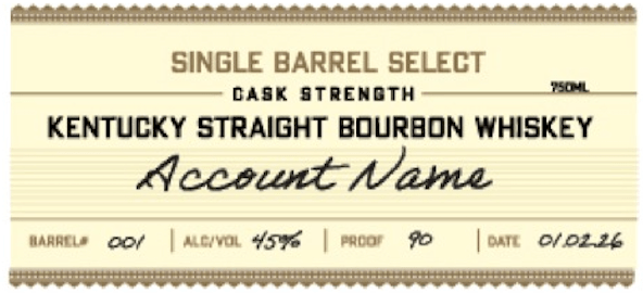 A beige label reads: Heaven's Door Whiskey, Single Barrel Select Kentucky Straight Bourbon Whiskey, Cask Strength. Details: Barrel 001, 45% Alc/Vol (90 Proof), Date 01/02/16. "Account Name" appears in a handwritten style.
