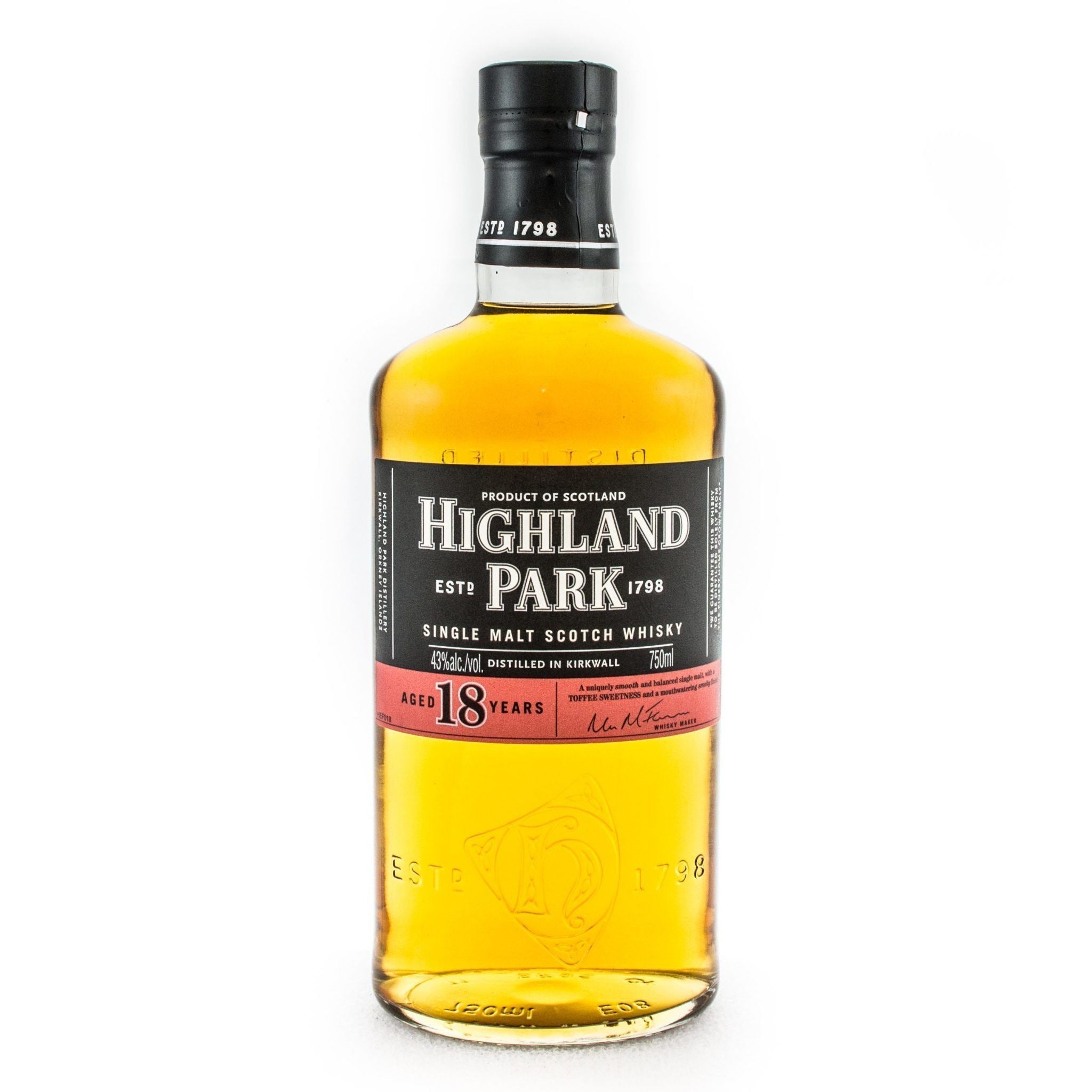A bottle of Highland Park 18 Year Old by Highland Park, featuring a black and red label and black cap, containing golden whisky aged in sherry-seasoned European oak casks in Orkney, Scotland. "VIKING PRIDE" is displayed on the label.