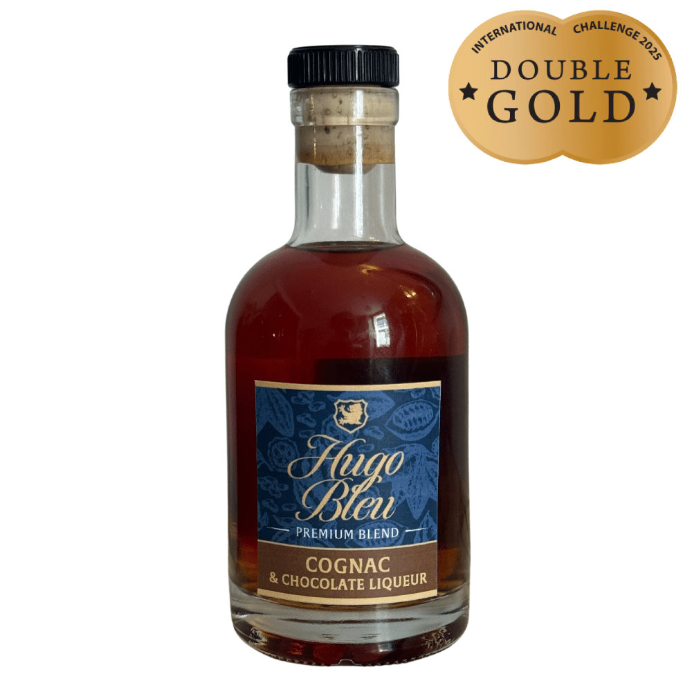 Hugo Bleu Cognac & Chocolate Liqueur 200ml bottle with Double Gold award seal.