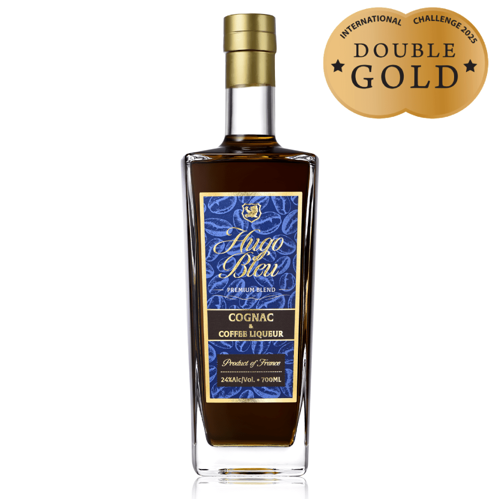 Hugo Bleu Cognac & Coffee Liqueur 700mL bottle with Double Gold medal, showcasing its premium blend of flavors.