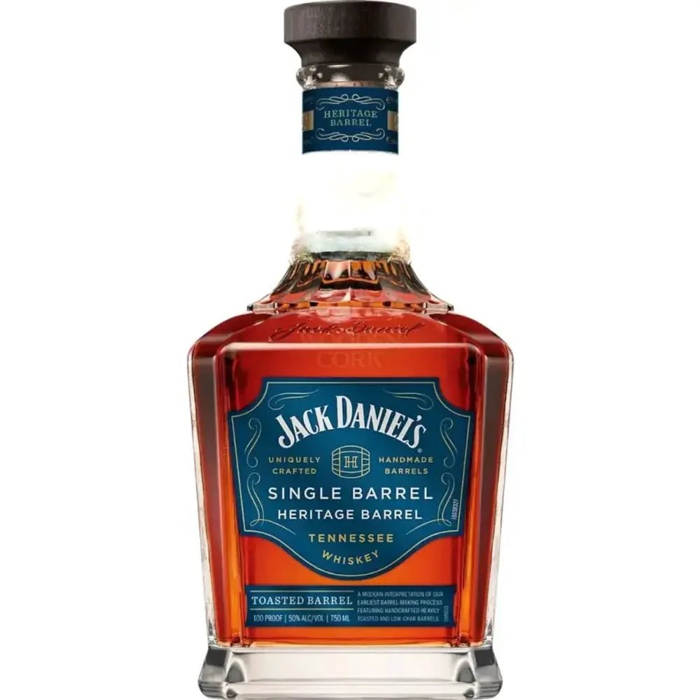 The Jack Daniel’s Heritage Toasted Single Barrel 2025 Release (750mL) features a blue label, wooden cork top, and toasted barrel craft—an amber collector's edition perfect for whiskey enthusiasts.