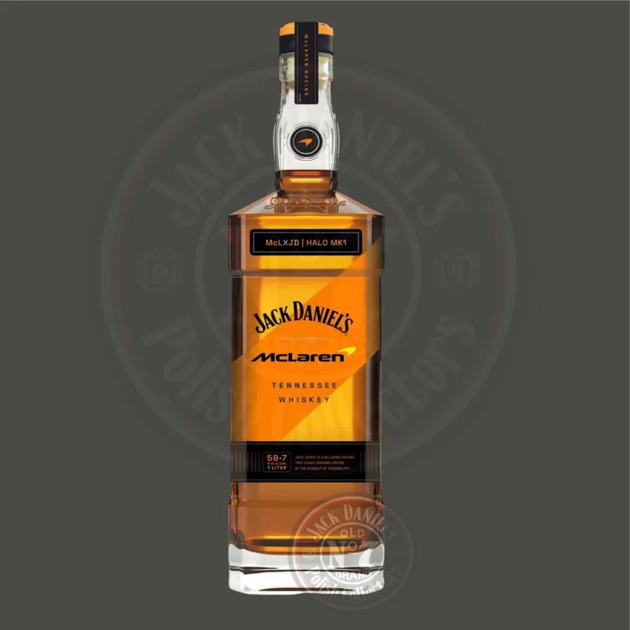 The Jack Daniel’s X McLaren Halo Prestige Tennessee Whiskey Limited Edition 1L features McLaren and Halo MK1 branding, a sleek black and orange label, and a unique rectangular bottle—perfect for Formula 1 collectors.