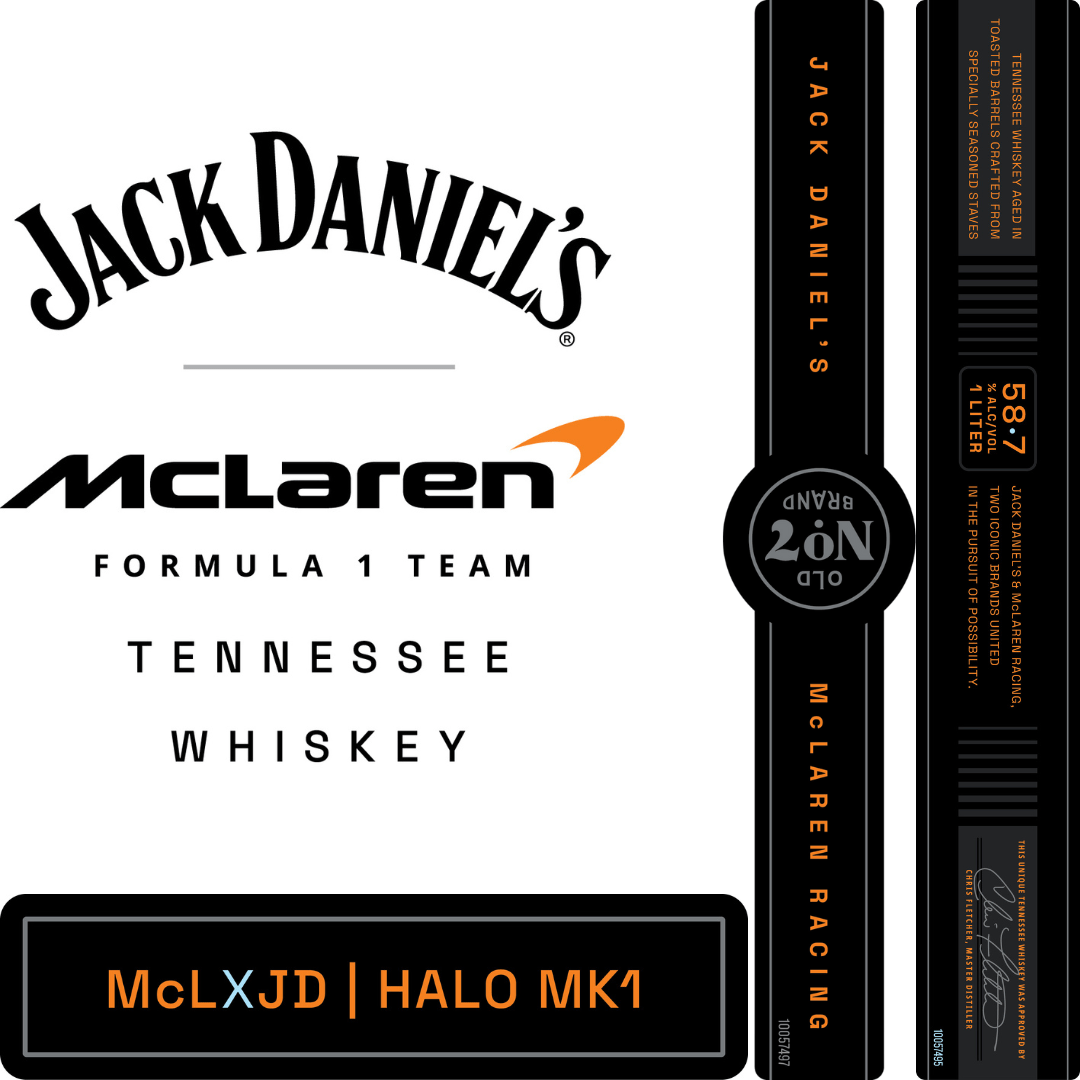Jack Daniel’s McLaren Prestige Tennessee Whiskey Limited Edition 1L features exclusive label graphics, “No. 7 Brand,” “McLxJD | Halo MK1,” and racing accents—a must-have collector’s item for Formula 1 fans.