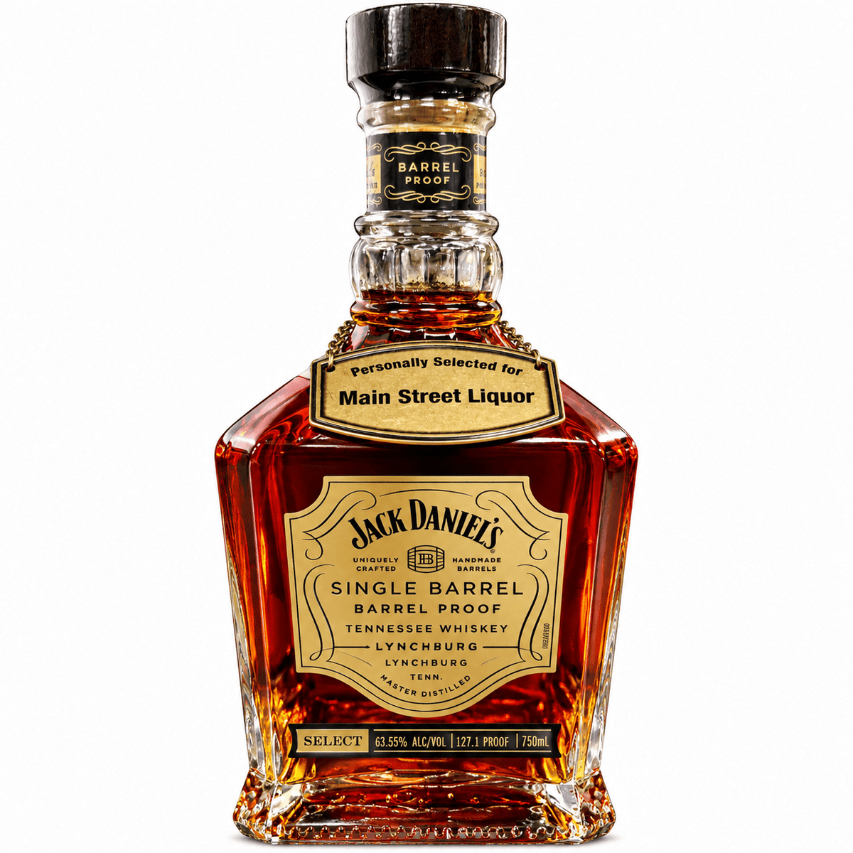 A 750ml bottle of Jack Daniel’s Single Barrel Barrel Proof Tennessee Whiskey, Main Street Liquor Private Selection (Barrel #26-03949, 127.1 proof), featuring an exclusive beige label for Main Street Liquor.