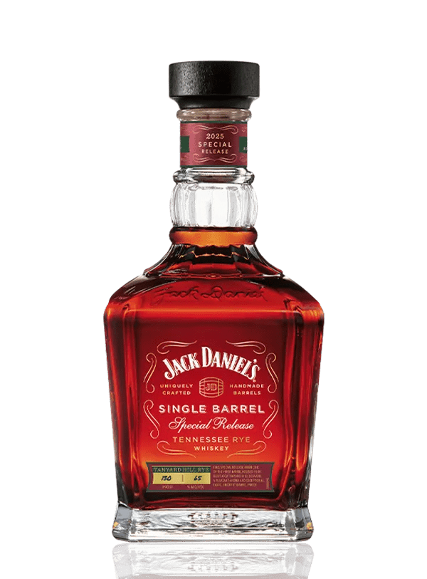 A bottle of Jack Daniel’s Single Barrel Tanyard Hill Rye 2025 Special Release, featuring dark amber whiskey in a square glass bottle with a black cap and an ornate red and gold label that highlights its high-proof Tennessee rye.