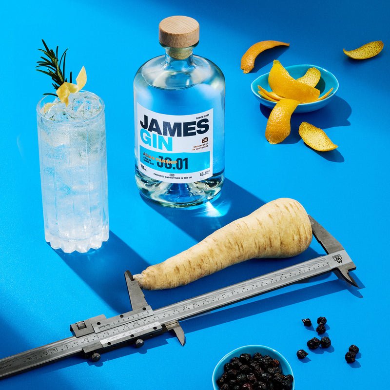James Gin Asian Parsnip 700mL 80 Proof with Souvenir Gift Key Chain is displayed on a bright blue surface alongside lemon, rosemary, lemon peels, parsnip measured with calipers, and juniper berries, highlighting this premium British gin’s unique character.