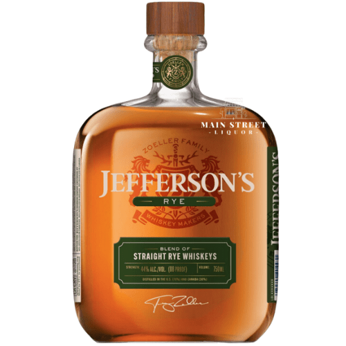 A rounded bottle of Jefferson’s Rye Blend of Straight Rye Whiskeys with a green and gold label, the Jefferson’s brand name, a signature, a wooden cork, and amber premium rye whiskey inside.