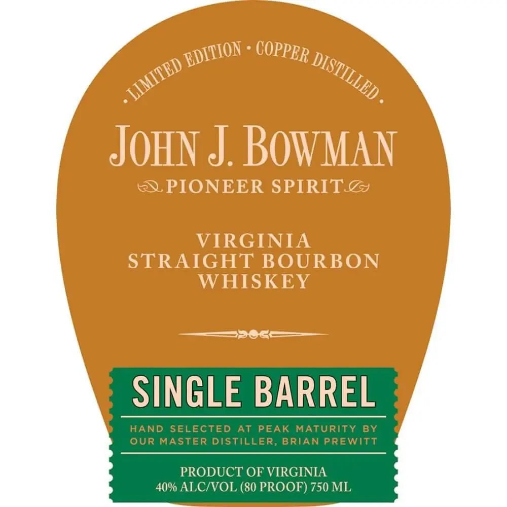 A brown and green label for John J. Bowman Single Barrel Bourbon – K&L Wines Store Pick (Limited Edition) by A. Smith Bowman Distillery, 40% ABV, 750 ml—copper distilled and crafted in Virginia.