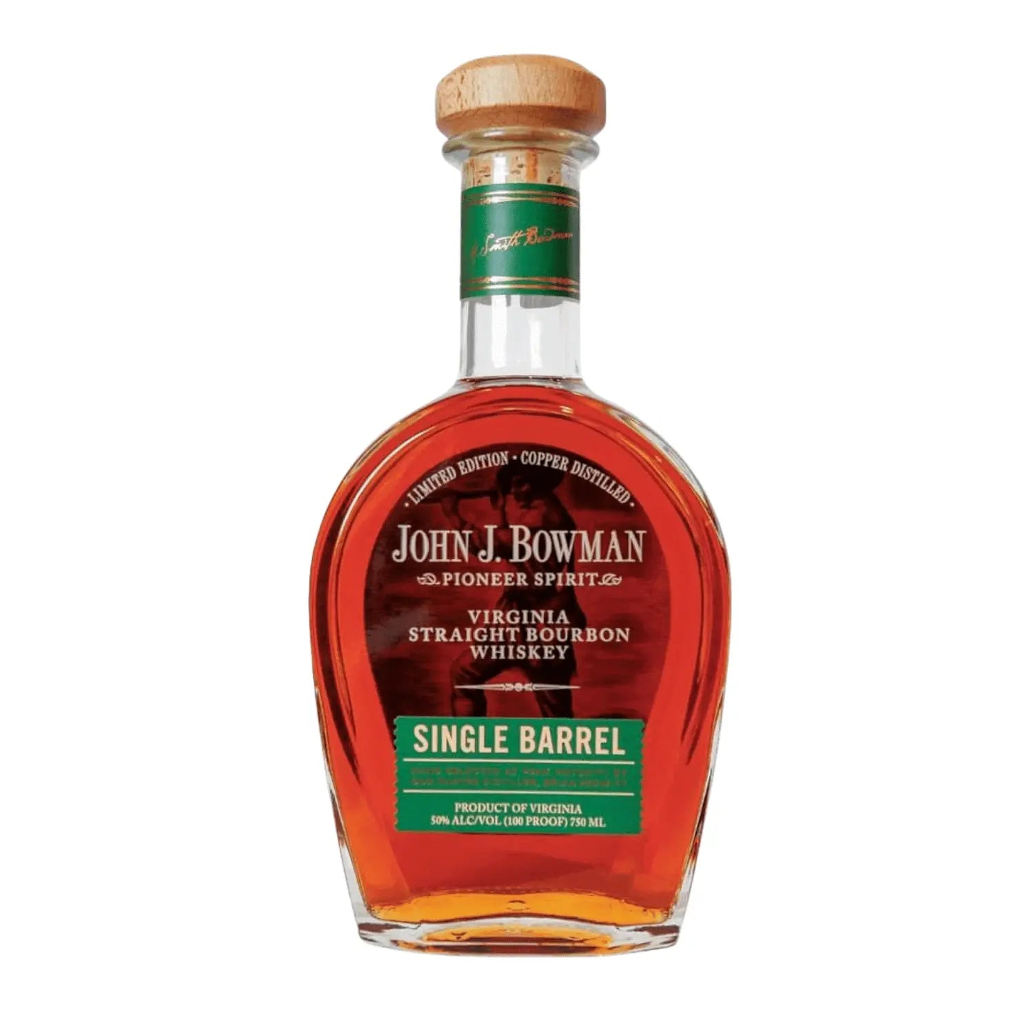 The A. Smith Bowman Distillery’s John J. Bowman Single Barrel Bourbon – K&L Wines Store Pick (Limited Edition) features a green and gold label, a wooden cork top, and displays its amber whiskey in an elegant bottle.
