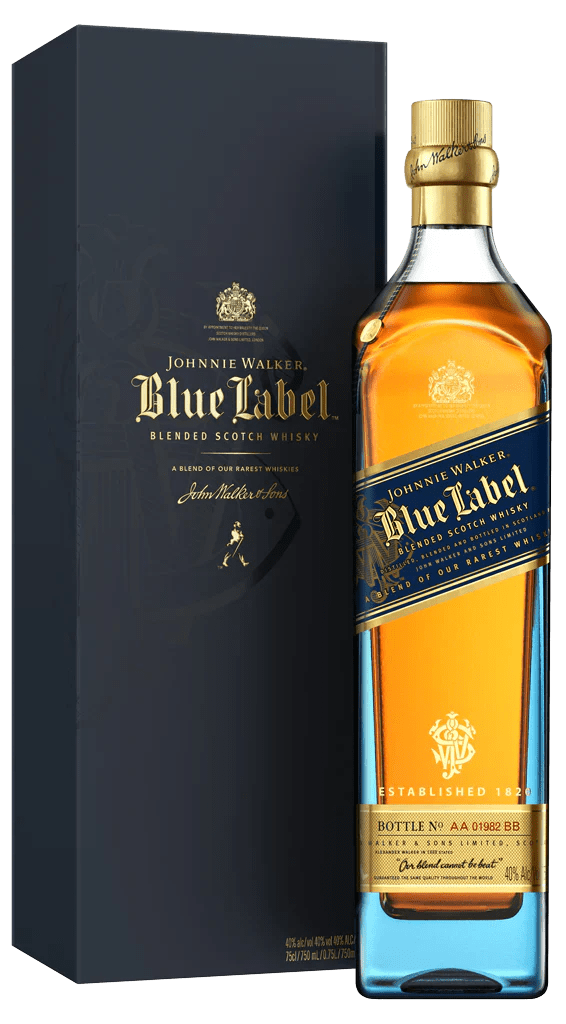 A 750mL bottle of Johnnie Walker Blue Label stands beside its dark blue box, both featuring the Johnnie Walker brand's signature gold and blue details.