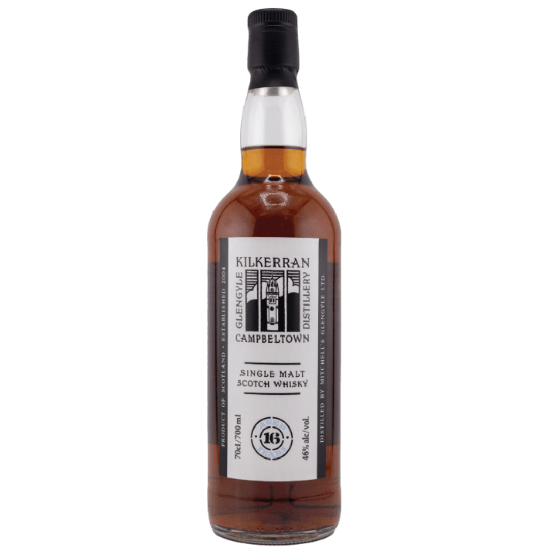 A 700mL bottle of Kilkerran 16 Year Old Single Malt Scotch Whisky with a black cap, white label, and black text. The whisky is a rich amber color.