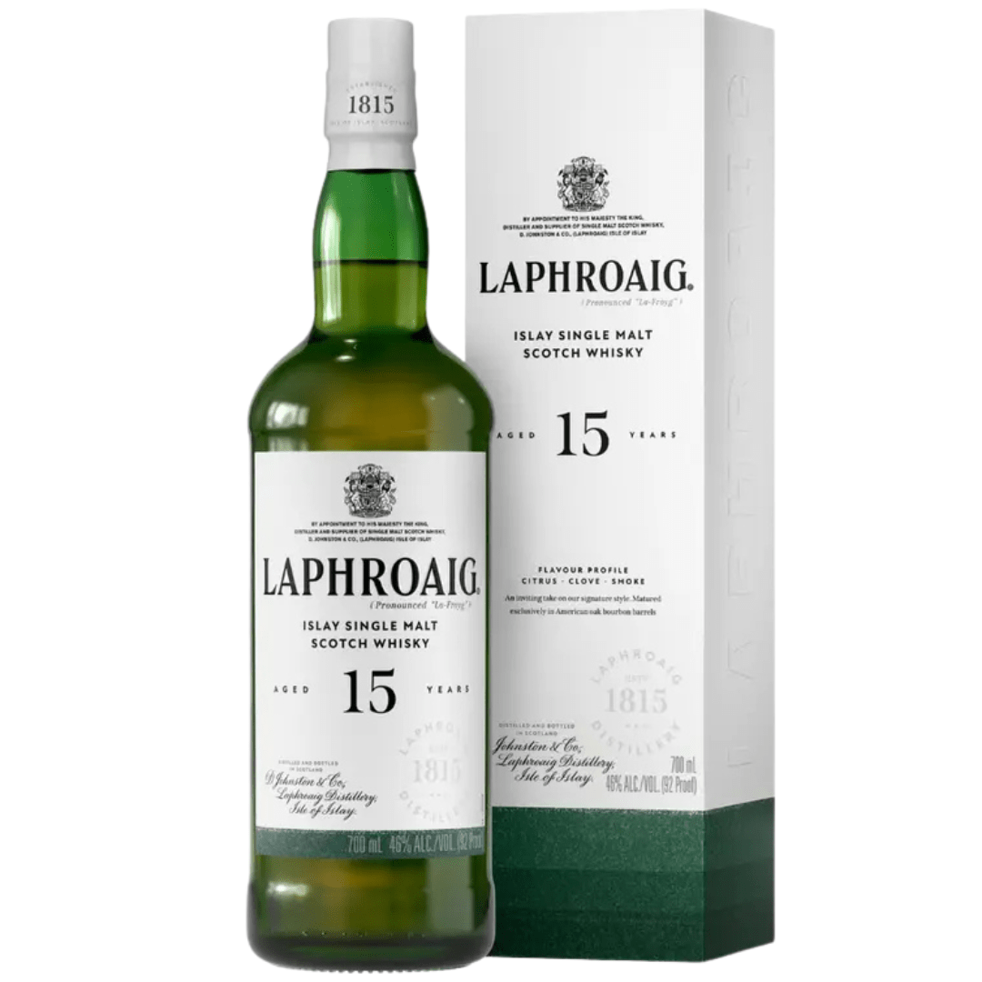 A bottle of Laphroaig 15 Year Old Islay Single Malt Scotch Whisky 700mL stands beside its matching white and green box, both displaying the Laphroaig brand’s logo and product details.