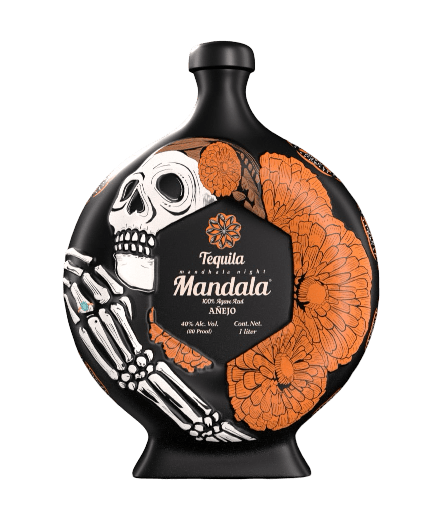 Mandala Tequila Añejo bottle decorated for Día de los Muertos with vibrant floral and skeleton designs.