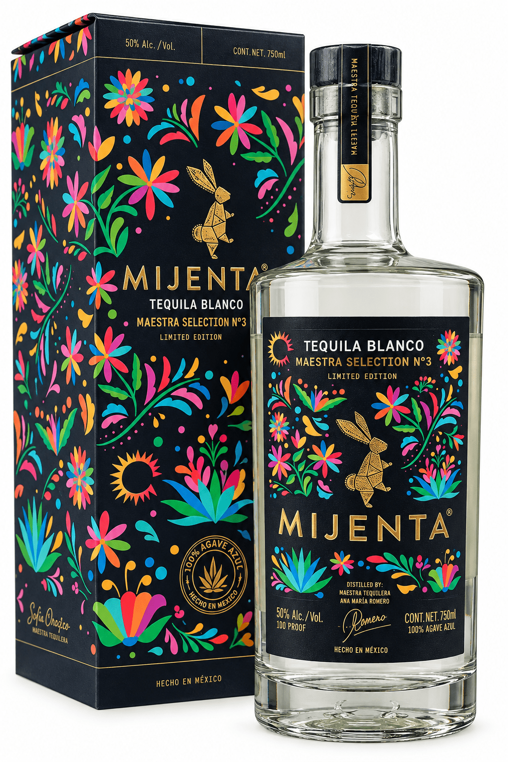 A bottle of Mijenta Maestra Selection No. 3 Tequila Blanco from Mijenta Tequila, a limited-edition high-proof blanco tequila, presented in a vibrant floral box adorned with folk art and a rabbit motif. The label features “Maestra Selection No. 3” alongside product details, celebrating the craftsmanship and rich heritage of this exclusive release.