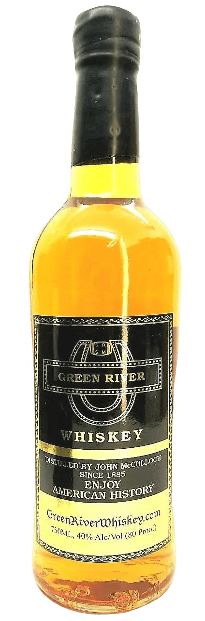 A bottle of Mountain Dew & Green River American Whiskey from Green River Distilling, featuring a vintage-inspired black and gold label with details about its distillation and American heritage. This whiskey is 750mL in size and has an alcohol content of 40% ABV (80 proof).